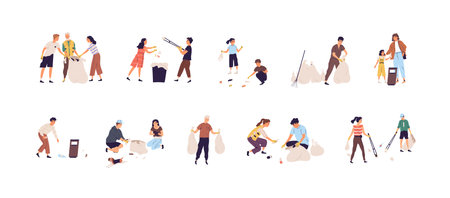 Set of people collecting garbage into bags and throwing rubbish into trash can. Children and adults cleaning nature by picking up litter. Colored flat vector illustration isolated on white backgroundのイラスト素材