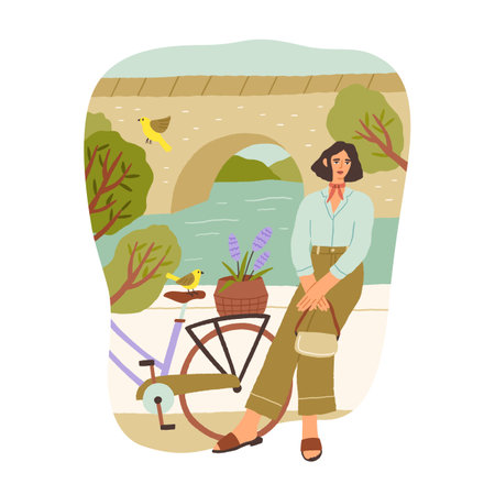 Calm young woman relaxing, contemplating and enjoying calmness and solitude in park. Concept of slow life. Hand-drawn colored flat vector illustration isolated on white backgroundのイラスト素材