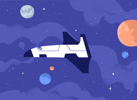 Futuristic galactic spaceship flying in open space among planets and stars. Cosmos exploration...