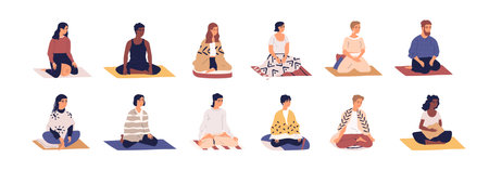 Set of people sitting cross legged in lotus pose and practicing yoga, meditation and breathing exercises. Calm and relaxed men and women meditating on mats. Color flat vector isolated illustrationsのイラスト素材