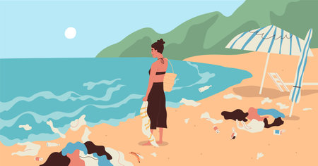 Young woman at dirty sea coast full of garbage. Marine summer scenery with plastic trash and rubbish. Contaminated environment and ecological problems concept. Flat vector illustrationのイラスト素材