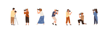 Set of professional photographers or cameramen at work. Collection of creative men and women holding cameras and taking photos. People photographing. Colorful flat vector illustrationのイラスト素材