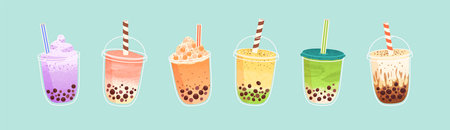 Set of plastic glasses with Taiwanese bubble or boba milk tea with different flavors matcha, honeydew, etc. Collection of cold Asian drink from tapioca pearls. Colorful flat vector illustrationのイラスト素材