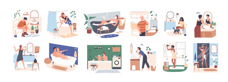 Scenes of daily hygiene routine in bathroom. People bathing, shaving, brushing teeth and sitting on toilet seat. Personal morning care. Colored flat vector illustration isolated on white backgroundのイラスト素材