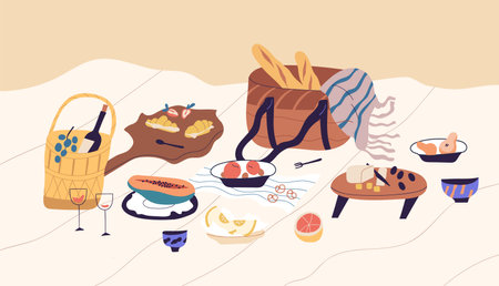 Still life of beach picnic. Blanket with served food and alcohol for romantic date. Basket with cheese, croissants, fruits, berries, bottle of wine and baguette. Colorful flat vector illustrationのイラスト素材
