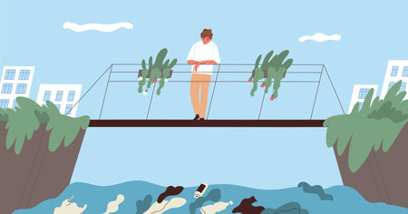 Ecological catastrophe and water contamination concept. Young man standing on bridge in city park and watching at dirty polluted water full of plastic garbage. Flat vector illustrationのイラスト素材
