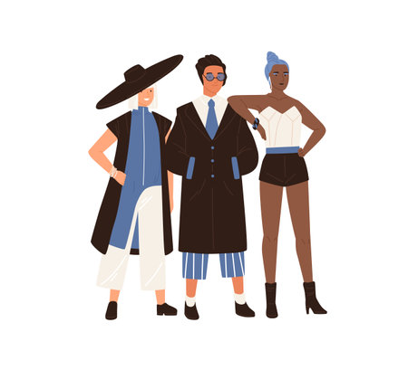 Male and female eccentric fashion models posing in stylish extravagant outfit isolated on white background. Modern man and women wearing fashionable clothes. Colorful flat vector illustrationのイラスト素材