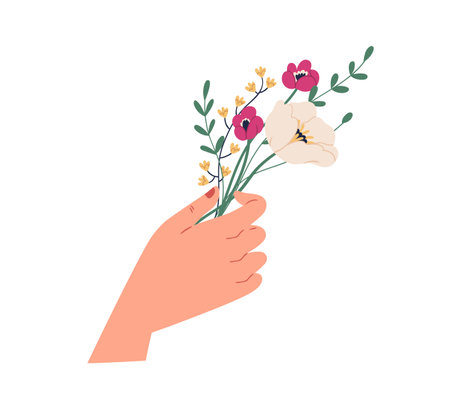 Female hand holding elegant small bouquet of delicate wild flowers. Beautiful spring bunch of anemones and green twigs. Colorful flat vector illustration isolated on white backgroundのイラスト素材