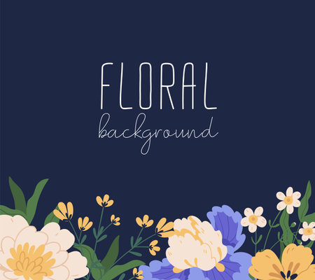 Floral backdrop with gorgeous blooming flowers and place for text. Peonies and irises border. Colorful flat vector illustration isolated on dark backgroundのイラスト素材