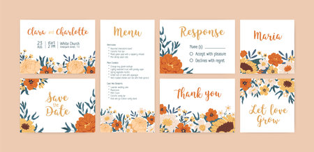 Set of vertical, horizontal and square wedding invitation cards, labels and menu with elegant autumn flowers. Templates with floral border and place for text. Colorful flat vector illustrationのイラスト素材