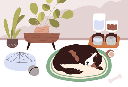 Sleepy dog staying home alone with smart automatic pet feeders or food dispensers with dry feed and water. Calm animal sleeping on floor in modern room with good conditions. Flat vector illustrationのイラスト素材