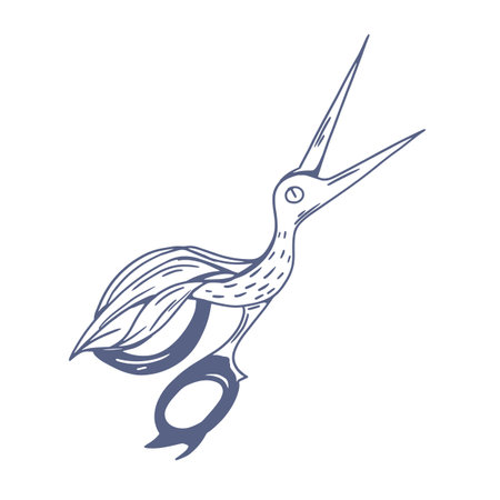 Pair of antique scissors shaped in fancy bird design. Sewing or embroidery sheers with blades similar to crane or stork. Hand-drawn monochrome vector illustration isolated on white backgroundのイラスト素材