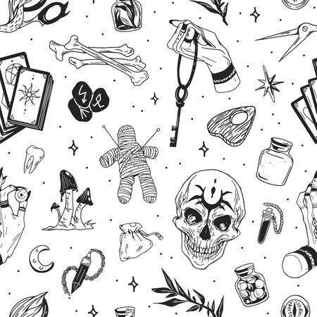 Black and white seamless witchcraft pattern with mystic attributes. Endless texture with scull, bones, tarot cards, runes, jars with potion, voodoo doll and witch hand. Monochrome vector illustration.のイラスト素材