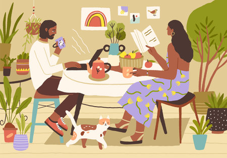 Young couple enjoying spending leisure time at home. Man surfing at the internet or working with laptop, woman reading book. Leisurely breakfast and slow life concept. Colored flat vector illustrationのイラスト素材