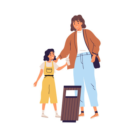 Parent with kid throwing rubbish into trash can. Mother educating daughter to utilize garbage. Girl showing good manners. Eco-education of children. Colored flat vector illustration isolated on whiteのイラスト素材