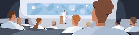 Doctors and scientists listening to speaker at medical conference. Professor of medicine lecturing or presenting scientific research. Colored flat vector illustration of audience at symposium hallのイラスト素材