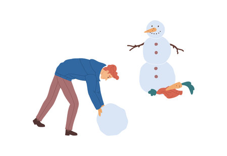 Young man rolling snowball and making snowman with carrot nose and arms from branches. Winter activity. Colored flat vector illustration isolated on white backgroundのイラスト素材