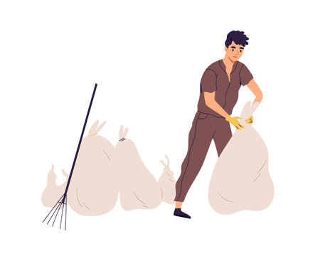 Man cleaning street by collecting garbage into trash bags. Young guy packing litter. Eco volunteer or janitor working alone. Colored flat vector illustration isolated on white backgroundのイラスト素材