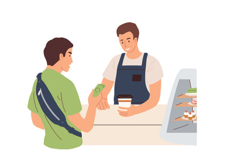 Male client paying for takeaway hot drink in cash while visiting coffee shop. Barista with paper cup with tea at counter. Colored flat vector illustration isolated on white backgroundのイラスト素材