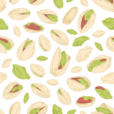 Seamless repeatable pistachio pattern with open nuts and unopened pistaches with shells. Design of endless background. Hand-drawn colored vector illustration for printingのイラスト素材