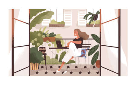 Woman working or relaxing with laptop at home balcony garden with furniture and potted plants. Modern trendy eco-style interior with greenery. Colored flat textured vector illustrationのイラスト素材