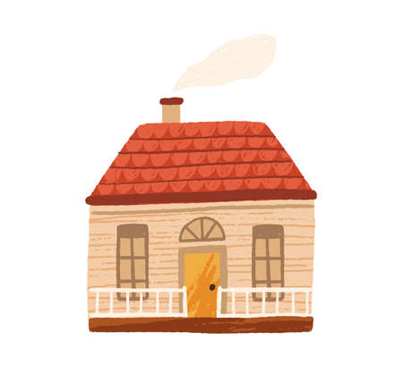 Cute little country house with door, windows and terrace. Facade of home with chimney and smoke. Wooden village cottage exterior. Flat textured vector illustration isolated on white backgroundのイラスト素材