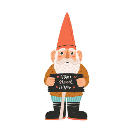 Cute and funny garden gnome or dwarf in red hat holding slate board with Home Sweet Home inscription. Fairytale character. Colored flat cartoon vector illustration isolated on white backgroundのイラスト素材