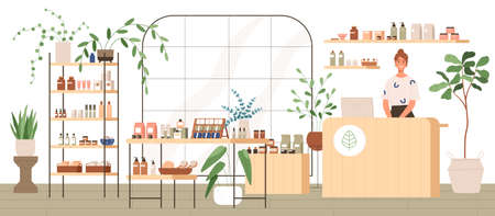 Interior of trendy cosmetics shop with organic natural products for skincare. Smiling seller behind counter in modern eco store with plants and wooden furniture. Colored flat vector illustrationのイラスト素材