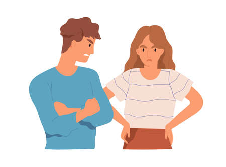 Couple of angry aggressive man and upset woman arguing and conflicting. Argument and offense between two people. Scene of family quarrel. Colored flat vector illustration isolated on white backgroundのイラスト素材