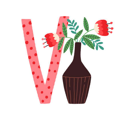 Capital letter V of childish English alphabet with vase in Scandinavian style. Hand-drawn kids font for preschool and school education. Colorful flat vector illustration isolated on white backgroundのイラスト素材