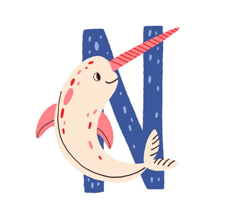 Capital letter N of English childish alphabet with animal in Scandinavian style. Kids font with narwhal for ABC and language learning. Colored flat vector illustration isolated on white backgroundのイラスト素材