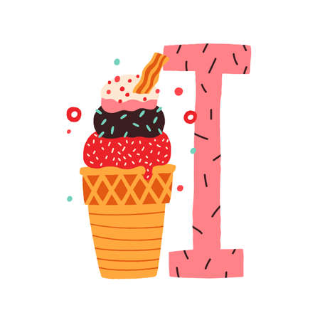 Capital letter I of childish English alphabet with ice cream. Kids sweet font with icecream for nursery and kindergarten education. Hand-drawn flat vector illustration isolated on white backgroundのイラスト素材