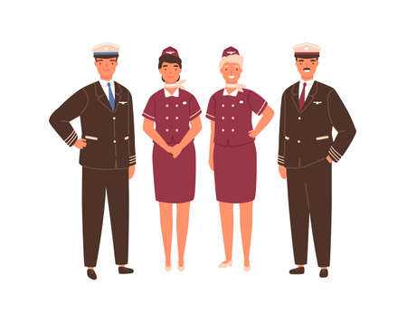Aircraft captain, pilot assistant and stewardesses standing in uniform. Professional airplane staff or crew. Team of smiling airline workers isolated on white background. Flat vector illustrationのイラスト素材
