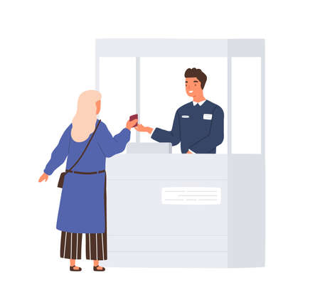 Passenger giving her document to friendly boarder guard while passing airport passport control. Colored flat vector illustration isolated on white backgroundのイラスト素材