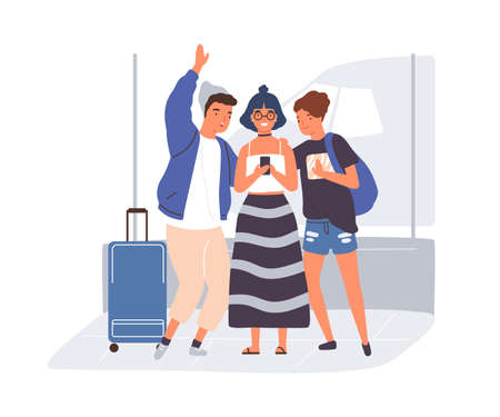 Young modern people taking selfie in airport. Happy friends with baggage talking by video call on smartphone before traveling. Flat vector illustration isolated on white backgroundのイラスト素材