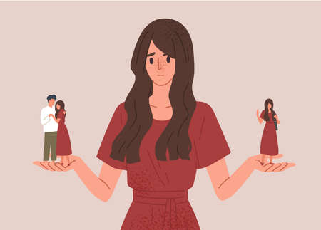 Choice between loneliness and relationships concept vector illustration. Girl hesitating to be alone or start dating. Pros and cons of romantic relationships. Advantages and disadvantagesのイラスト素材