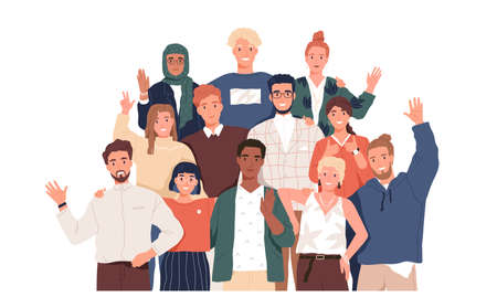 Multicultural team flat vector illustration. Unity in diversity. People of different nationalities and religions cartoon characters. Multinational society. Teamwork, cooperation, friendship conceptのイラスト素材