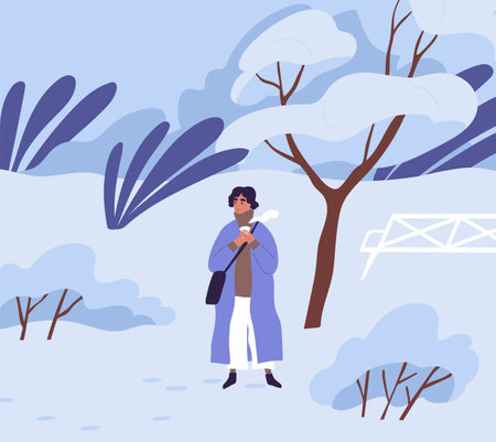 Woman drinking hot coffee in winter park among trees covered with snow. Female character holding takeaway cup of tea. Colored flat vector illustration of nature in cold and freezing weatherのイラスト素材