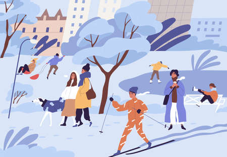 Crowd of people skiing, skating, sledding and walking in city park in winter. Landscape with ice rink and trees in snow in cold freezing weather. Colored flat cartoon vector illustrationのイラスト素材