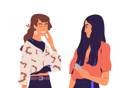 Awkward moment between two chatting people during conversation. Different reactions and face expressions laughing and discontent women. Colored flat vector illustration isolated on white backgroundのイラスト素材