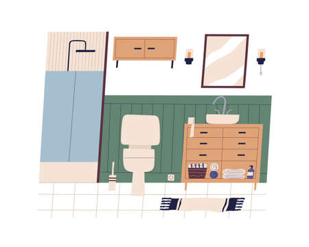 Home WC or bathroom interior. Clean restroom with furniture and accessories toilet bowl, shower cabin, mirror, sink and cupboard. Colored flat vector illustration isolated on white backgroundのイラスト素材