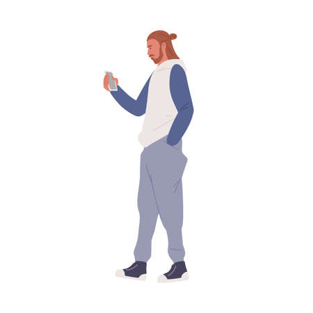 Young man looking at screen of mobile phone while walking. Bearded guy in sportswear using smartphone on the go. Colored flat vector illustration isolated on white backgroundのイラスト素材