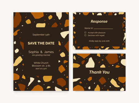 Set of vertical and horizontal terrazzo wedding invitation cards. Templates with geometric abstract...