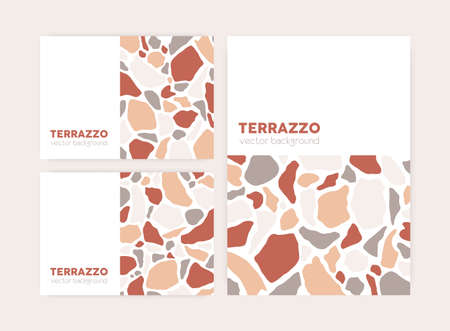 Set of vertical and horizontal cards with terrazzo pattern and place for text on white background. Templates with geometric abstract design, graphic organic shapes. Colored flat vector illustrationのイラスト素材