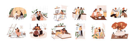 Heterosexual and homosexual love couples during holiday celebration. Scenes with happy lovers on indoors and online romantic dates. Color flat cartoon vector illustration isolated on white backgroundのイラスト素材
