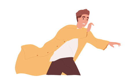 Frightened and scared person running away in panic or escaping from psychological problems. Terrified man with expression of fear on his face. Flat vector illustration isolated on white backgroundのイラスト素材