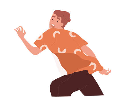 Frightened and scared person escaping from danger or running away in panic. Terrified man with expression of fear on his face. Flat vector illustration of scared character isolated on white backgroundのイラスト素材