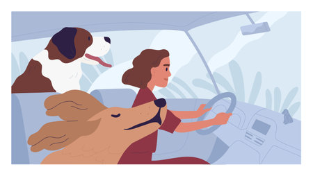Young person driving car with happy dogs. Concept of pet taxi service. Side view of woman driver traveling with animals. Colored flat cartoon vector illustration of road tripのイラスト素材