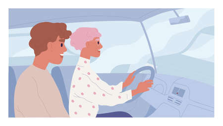 Happy couple traveling together by car on holiday trip. Woman learning to drive auto with smiling friendly instructor. Colored flat vector illustration of student driver during training or examのイラスト素材