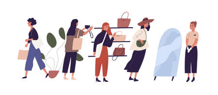 Women shopping in retail bag store choosing handbags with help of saleswoman or consultant. Colored flat vector illustration of buyers and seller in fashion showroom isolated on white backgroundのイラスト素材